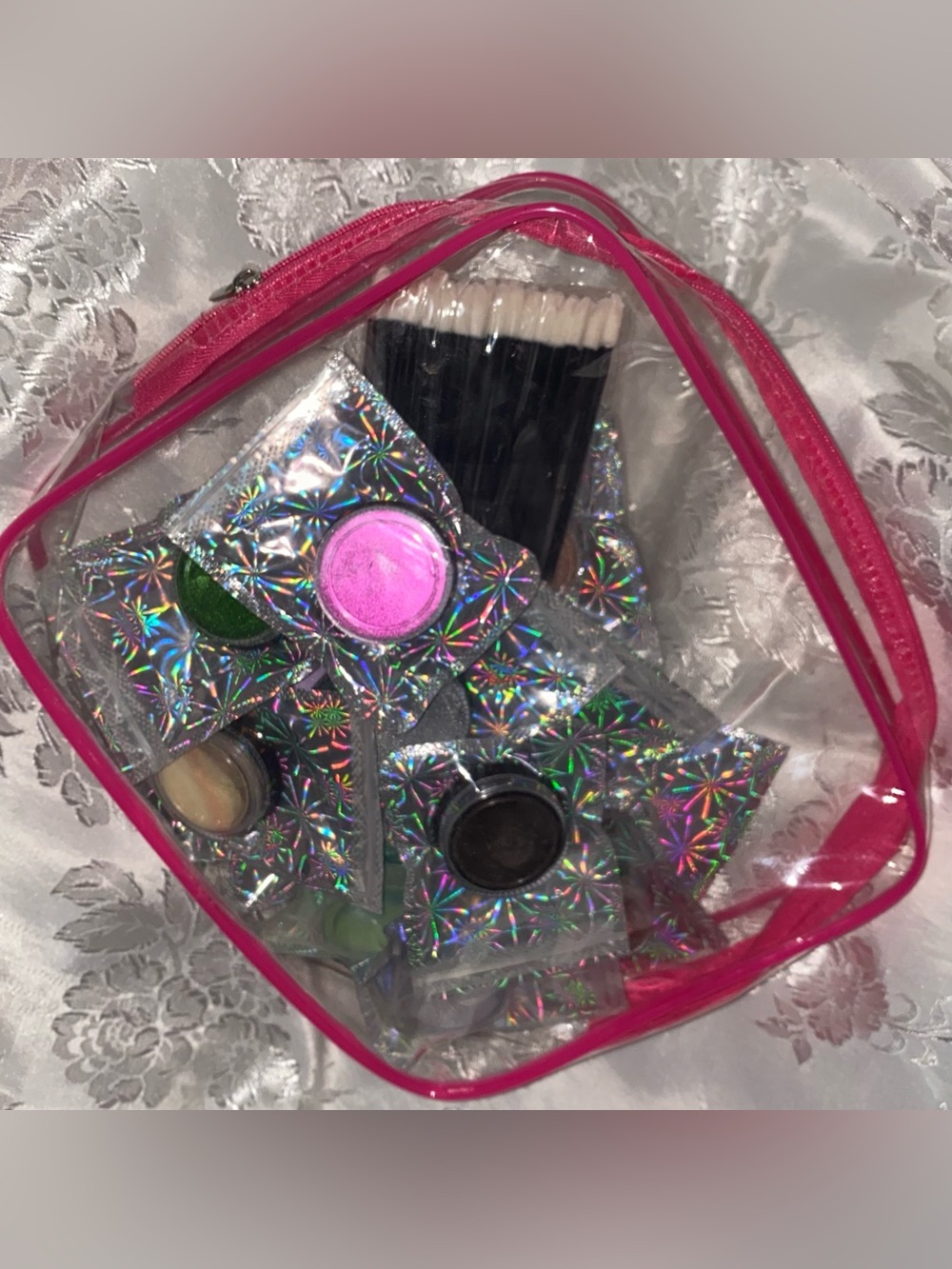 17 Holographic Nail Art Glitter & Chrome Powder/ Applicator Brushes Travel Pouch